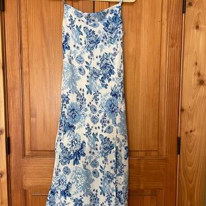 Petal & Pup Yelena Midi Dress Blue and White Floral Draped Back